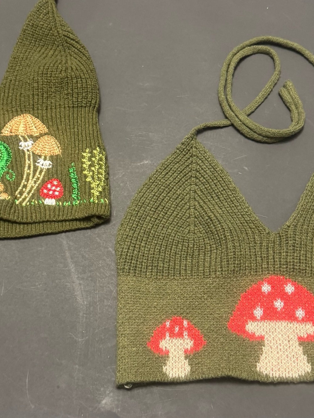 Olive Green lot of 2 Mushroom Knit halter crop tops